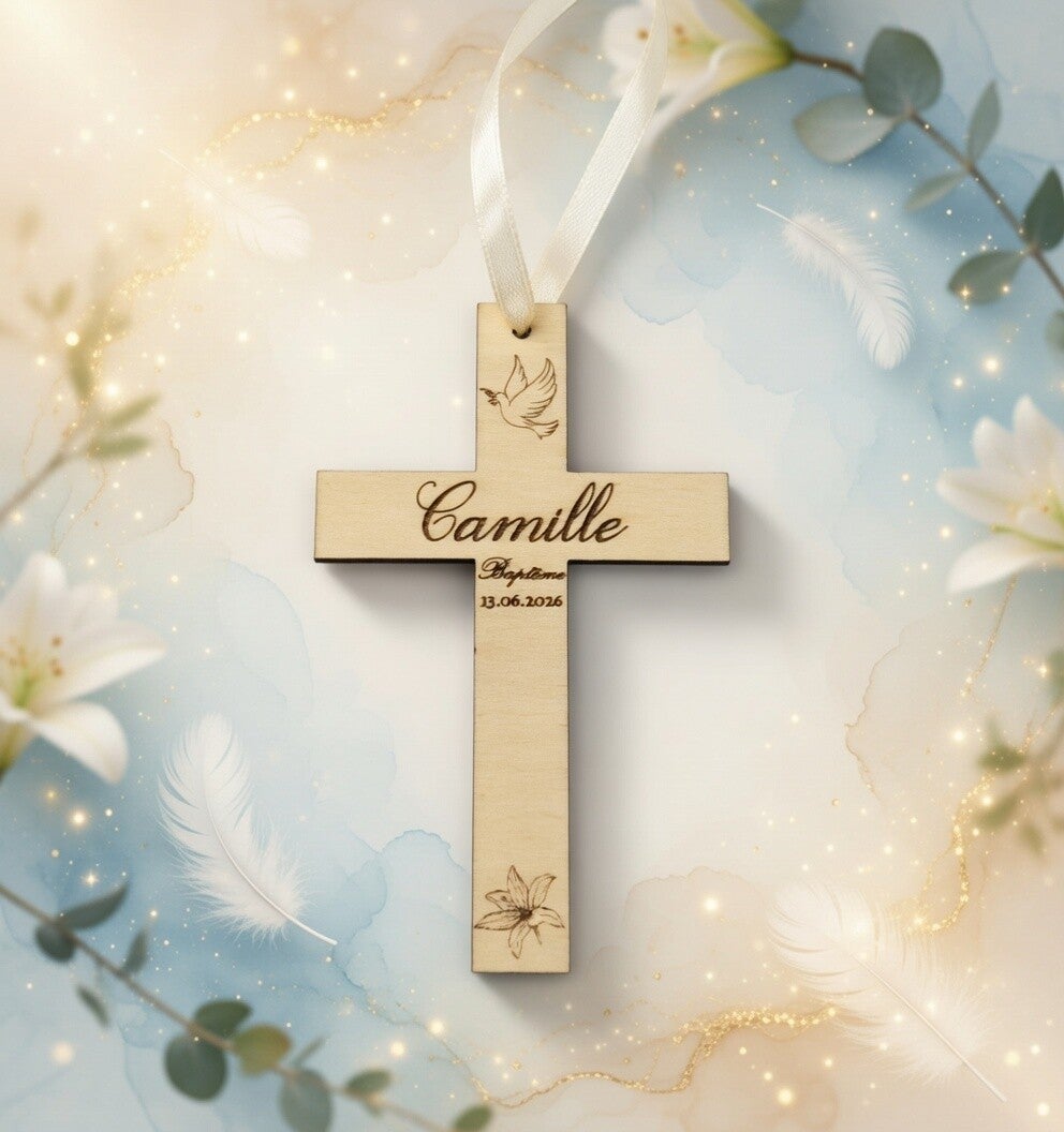 Croix baptême en bois naturel gravée