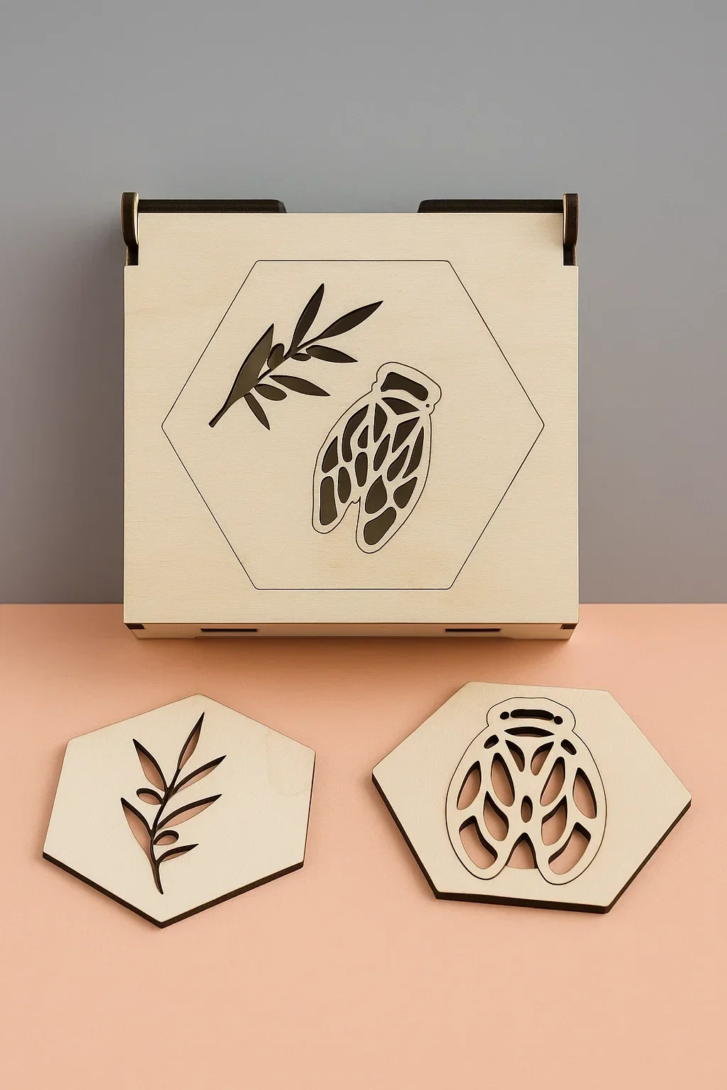 Lot de 6 sous-verres en bois avec boîte de rangement – Design hexagonal naturel
