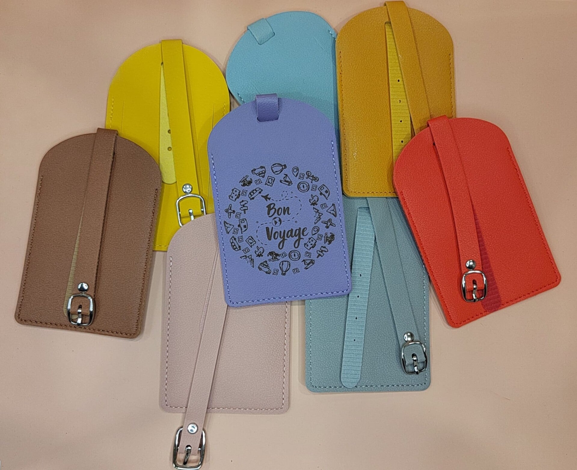 Étiquette à bagage personnalisée – simili Cuir coloré gravé laser "Bon Voyage" & motifs voyage