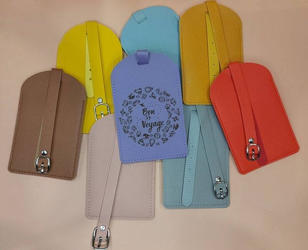 Étiquette à bagage personnalisée – simili Cuir coloré gravé laser "Bon Voyage" & motifs voyage