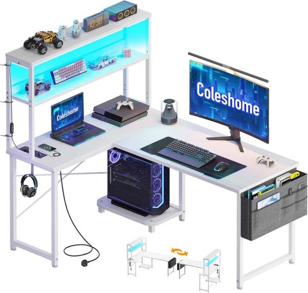Coleshome L Shaped Gaming Desk with LED Lights & Power Outlet, 110 × 80 cm Reversible Computer Desk with Shelves, Corner Desks with Storage Bag & Hook for Home Office, White
