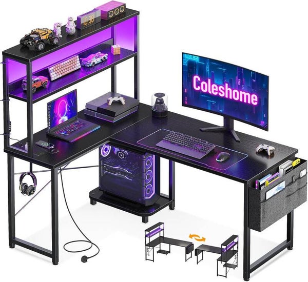 Coleshome L Shaped Gaming Desk with LED Lights & Power Outlet, 110 × 80 cm Reversible Computer Desk with Shelves, Corner Desks with Storage Bag & Hook for Home Office, Black