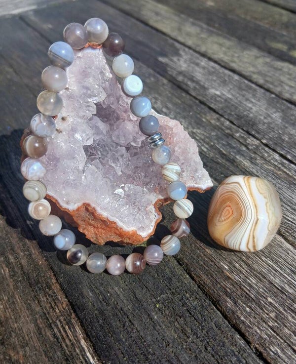 Combo Bracelet ( 6mm ) en Agate du Bostwana  + Pierre Roulée