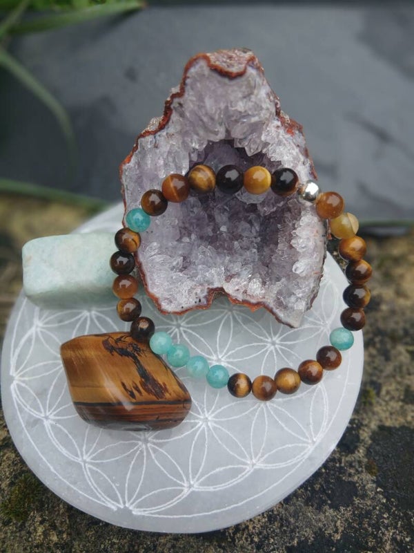 Bracelet "Ancrage et Douceur" en Œil-de-Tigre et Amazonite + 2 pierres