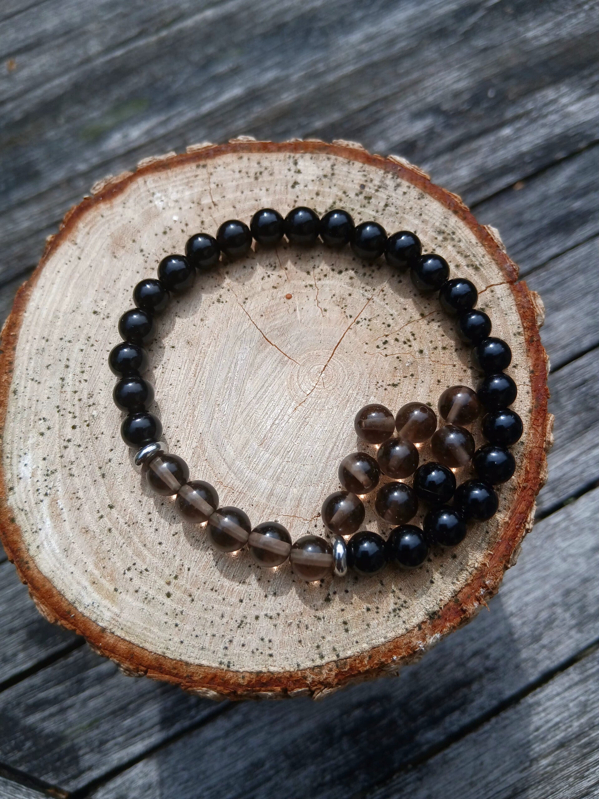 Bracelet " Bouclier " Onyx Noir, Obsidienne Noire et Obsdienne larme d' Apache!