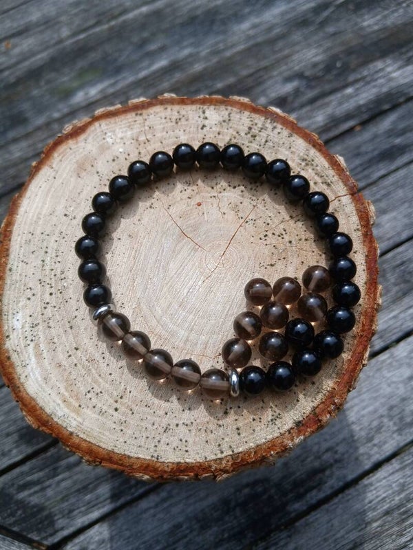 Bracelet " Bouclier " Onyx Noir, Obsidienne Noire et Obsdienne larme d' Apache!