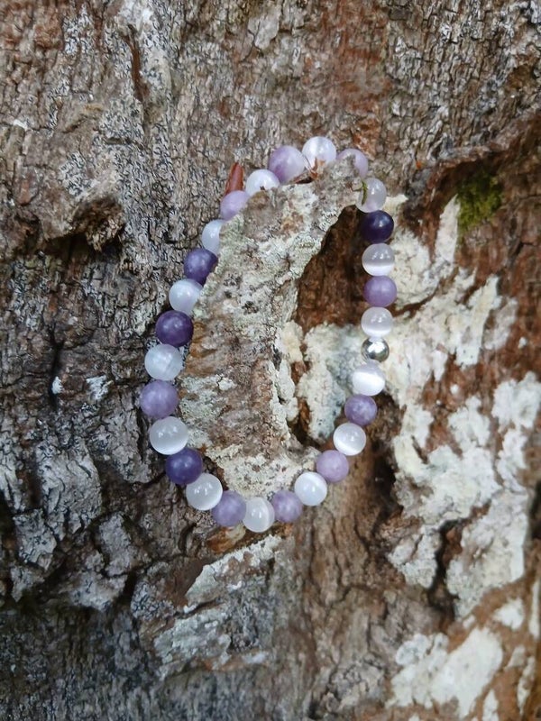 Bracelet " Anti-Charge Mentale " En Sélénite Blanche et lépidolite. 6mm