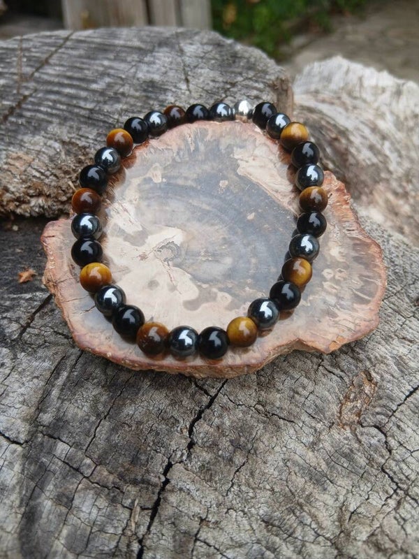 Bracelet " Triple Protection" Obsidienne Noire, Hématite et Œil-de-Tigre