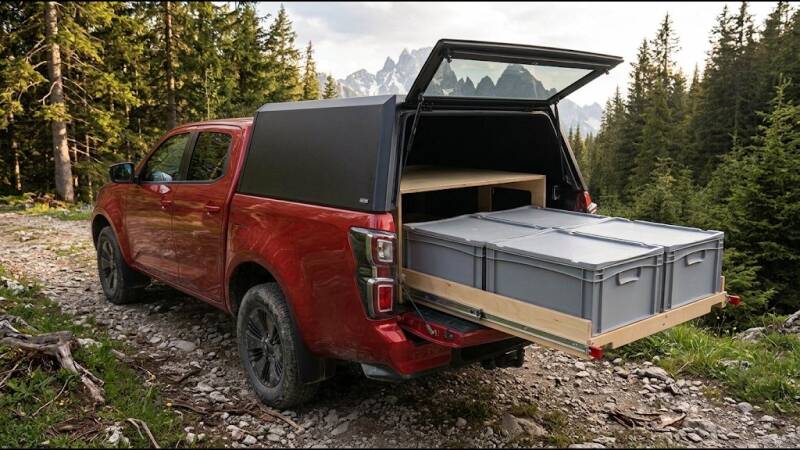 PickUp-Box Camplife als Ladeflächenauszug im Isuzu D-Max mit Hardtop (KI-Darstellung)