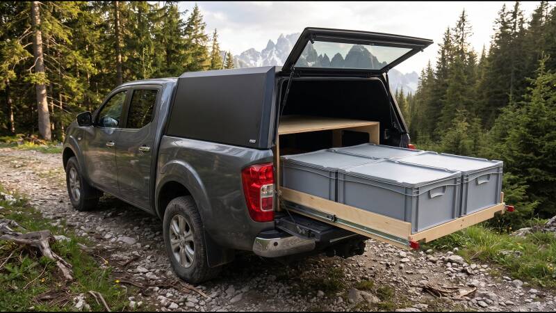 Pickup mit Hardtop und herausgezogenem Ladeflächenauszug PickUp-Box Camplife mit Euroboxen (KI-Darstellung)