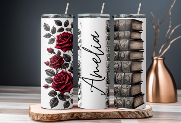 Thermobecher / Kaffeebecher / Tumbler "Books & Roses",  personalisiert, Geschenkidee