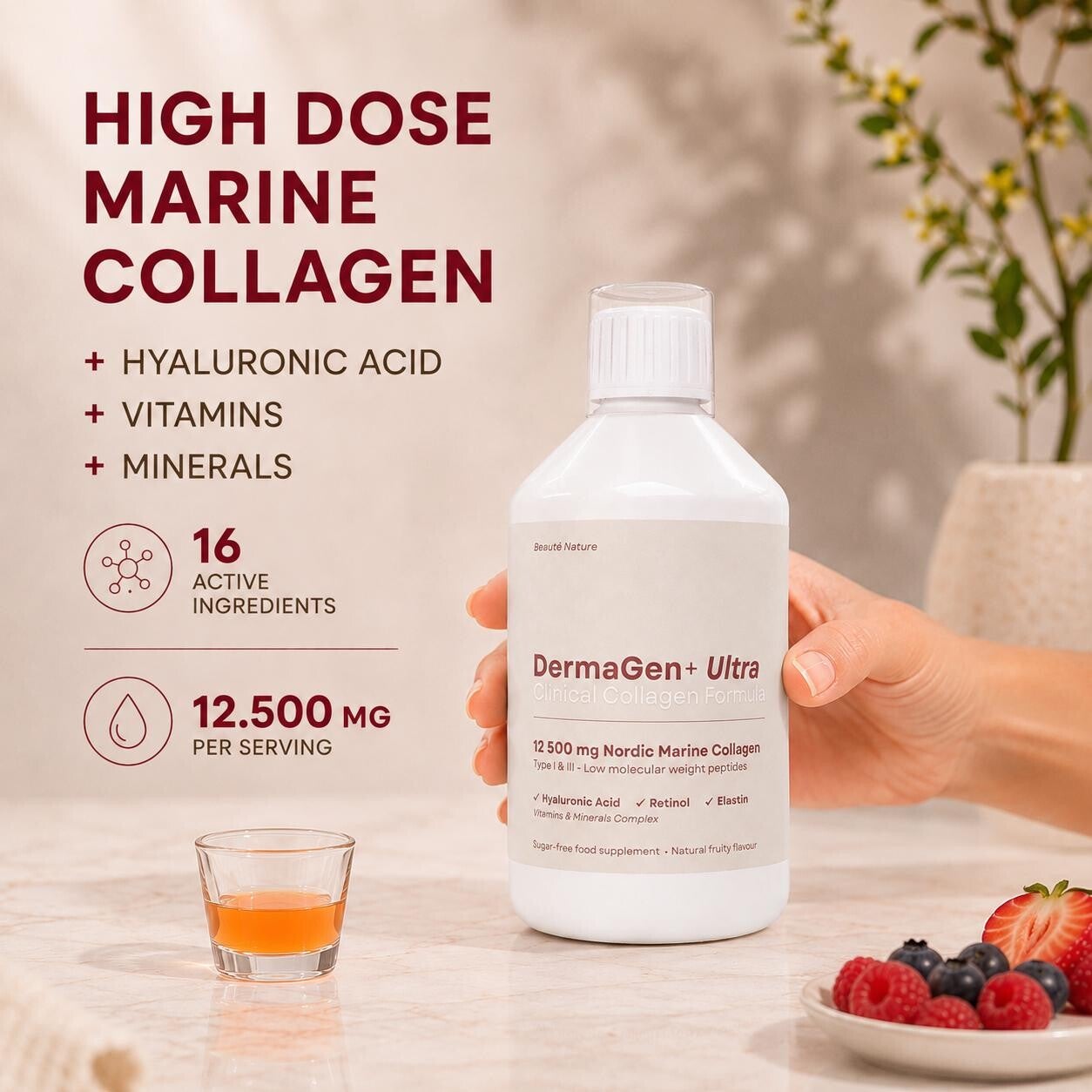 Vloeibaar Vis Collageen DermaGen+ ULTRA 12.500MG - 16 Actieve Ingrediënten - 500ML