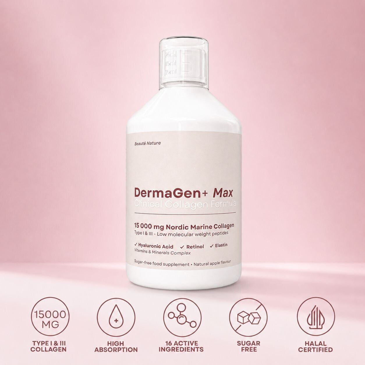 Vloeibaar Vis Collageen DermaGen+ MAX 15.000MG - 16 Actieve Ingrediënten - 500ML