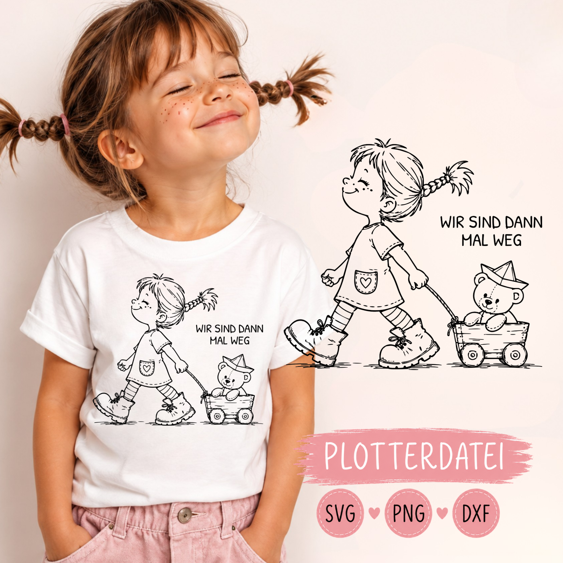 Mädchen mit Teddy im Bollerwagen als Plotterdatei auf Kinder-Shirt