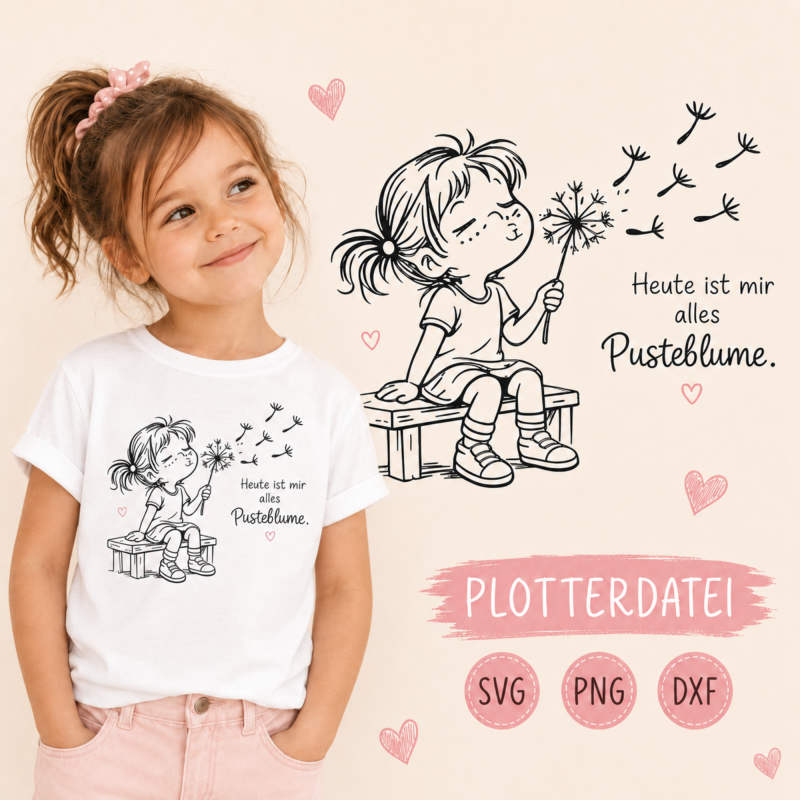 Plotterdatei mit Mädchen und Pusteblume auf Kinder-Shirt und Stofftasche