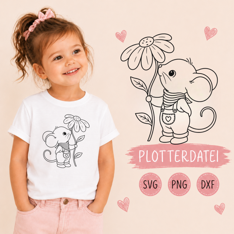 Mädchen trägt weißes T-Shirt mit Plottermotiv einer süßen Maus und einer großen Blume