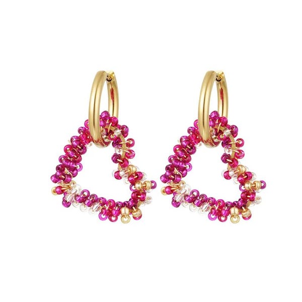 Oorbellen glaskralen Fuchsia/Goud