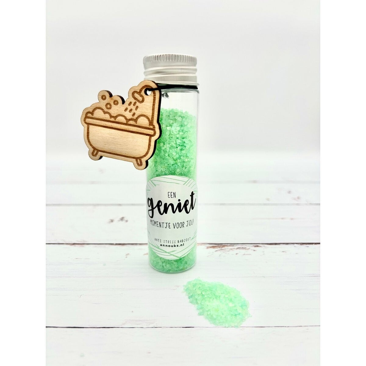 Buisje met badzout “genietmomentje voor jou”