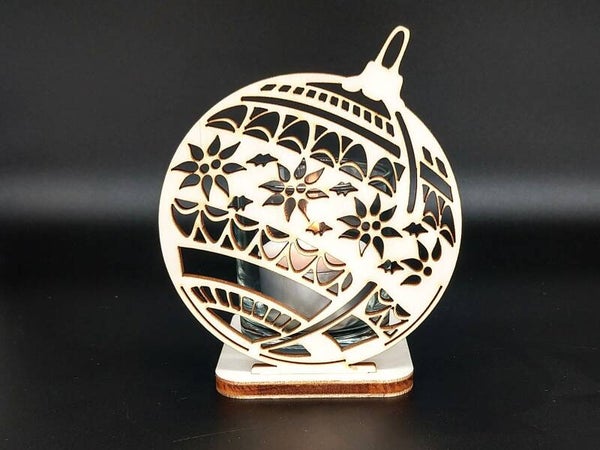 Waxinehouder incl glas 10x10cm kerst bal blank berken