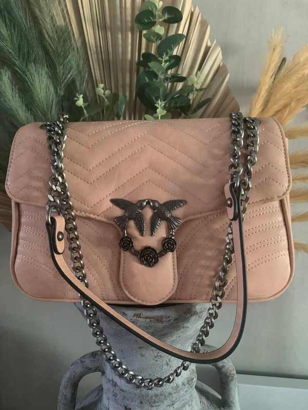 Tas Amber met vogeltjes groot. Roze.