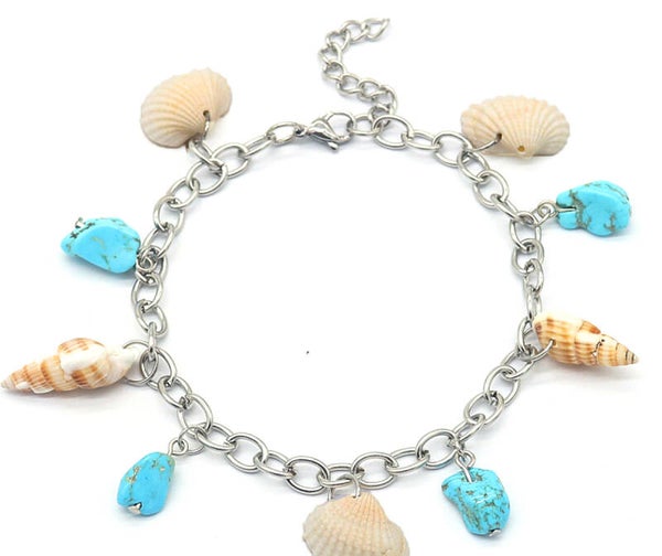 Enkelbandje zilver schelpen en aqua stenen