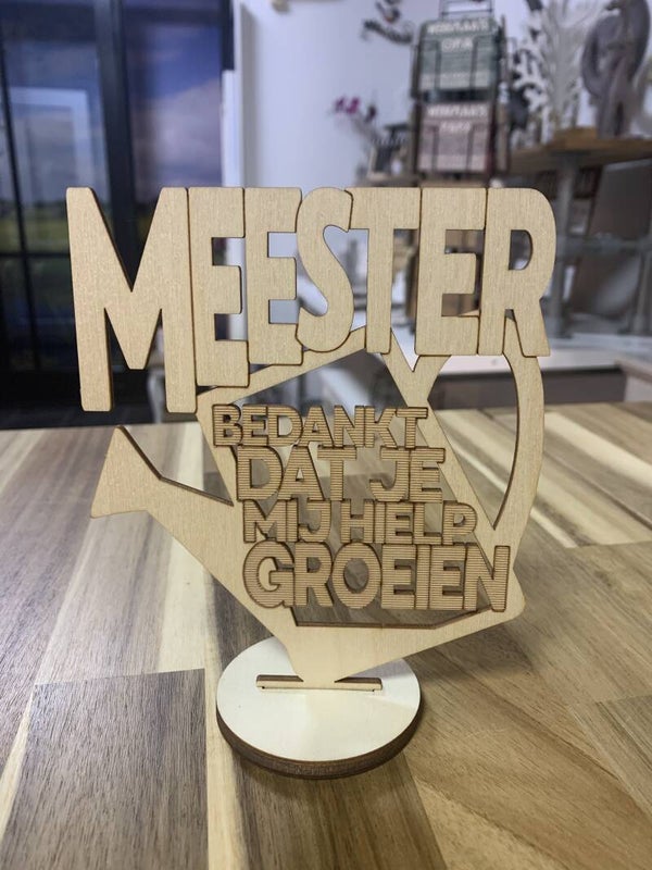 Houten trofee “meester bedankt dat je mij hielp groeien”