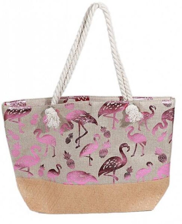 Strandtas Flamingo roze/wit
