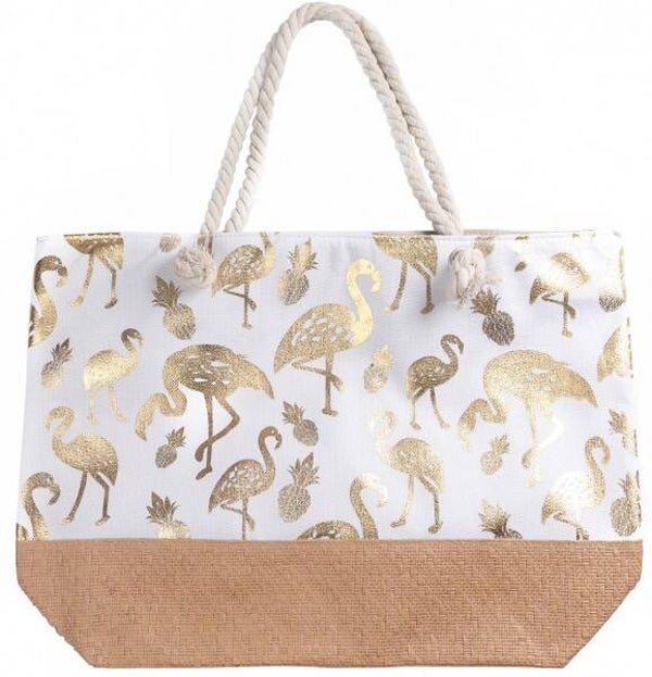 Strandtas Flamingo wit/goud