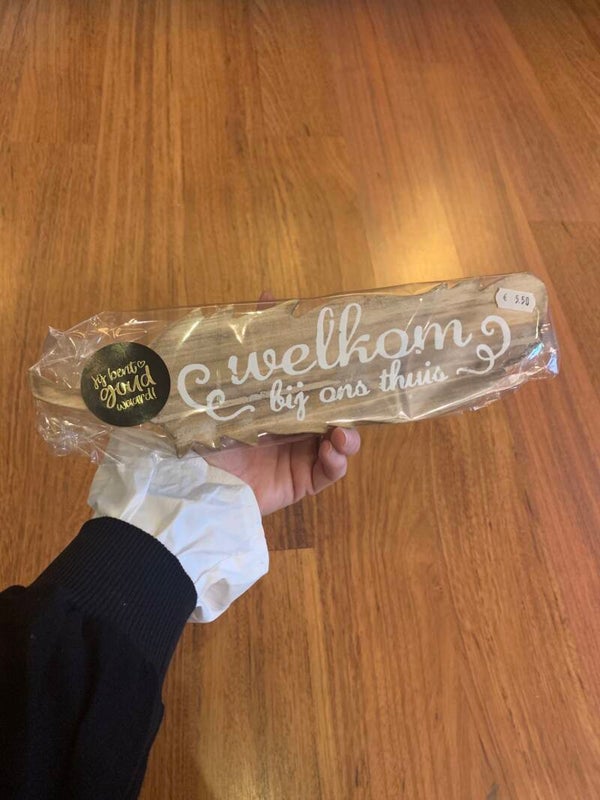 Houten bordje blaadje "welkom bij ons thuis"