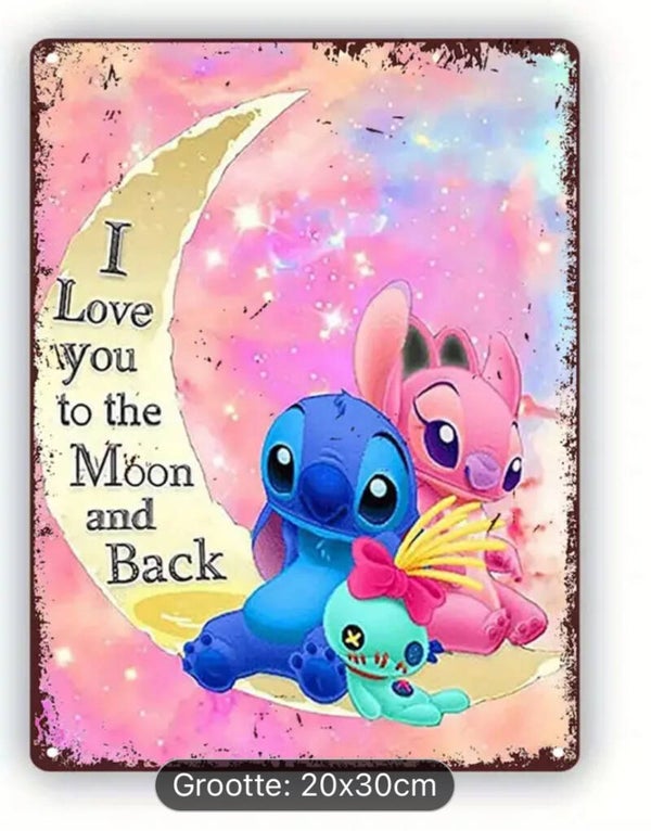 Metalen bord Stitch en Angel maan