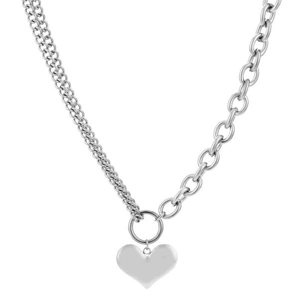 Dubbele schakel ketting met groot hart zilver
