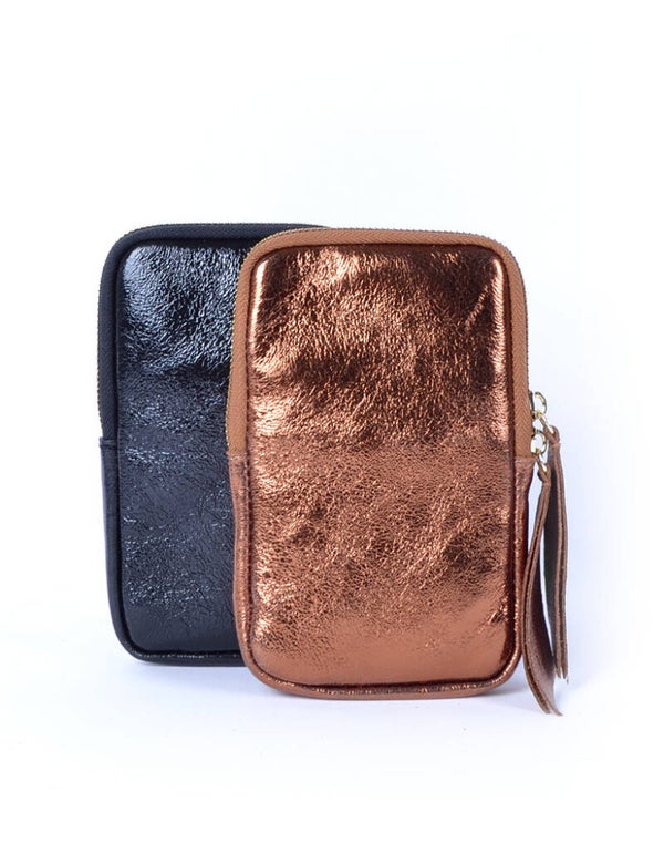 Lederen schoudertasje | Lang Metallic ZWART