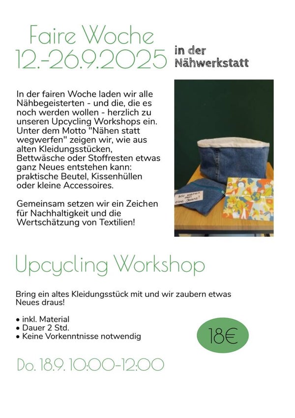 Upcycling Workshop Faire Woche 18.9.2025 10:00-12:00