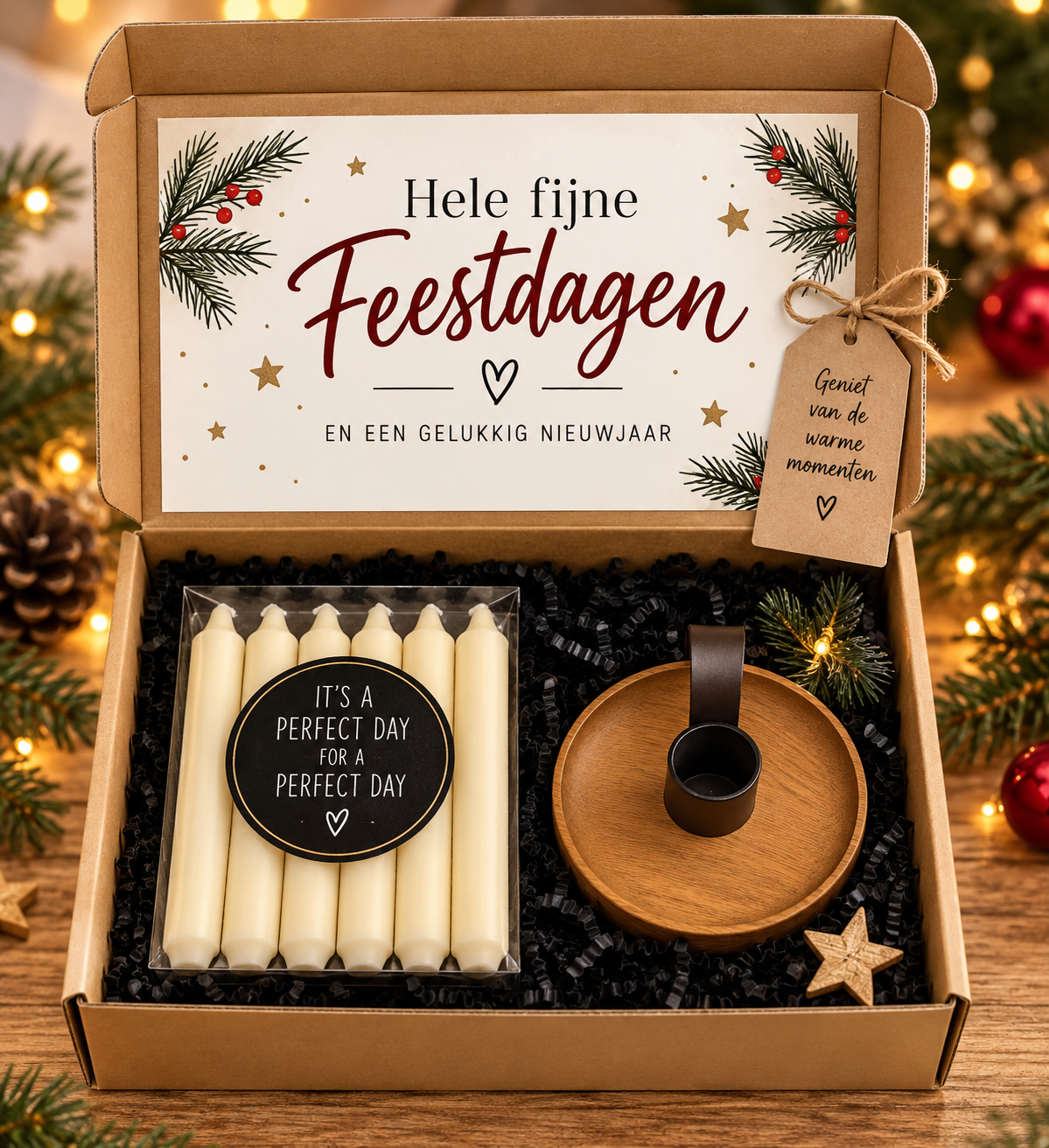 Brievenbus Cadeau met Kaarsen en Mangohouten Kaarsenhouder