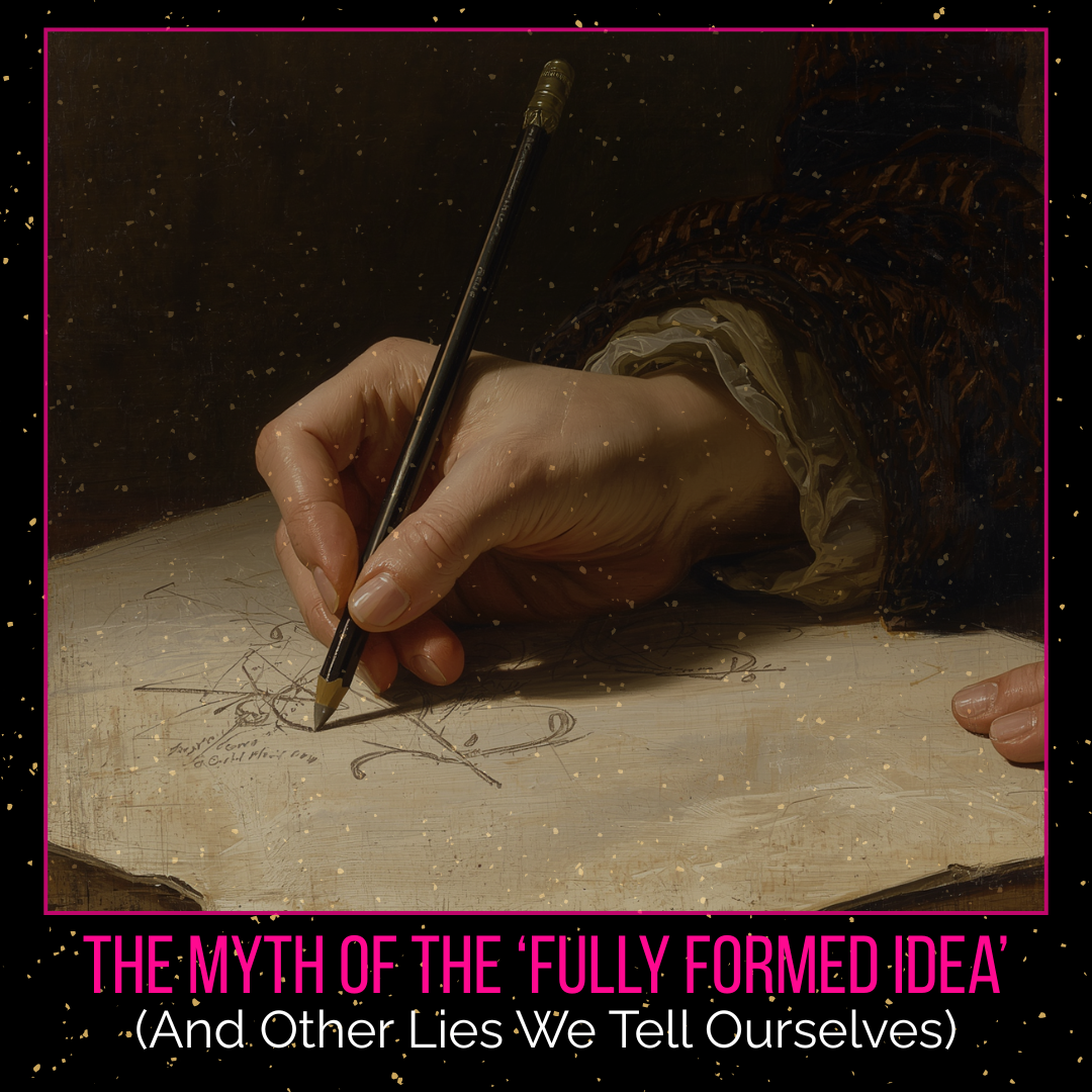 A classical-style painting shows a close-up of a hand holding a pencil and sketching loosely on a sheet of paper, suggesting an idea in progress rather than a finished plan. Below the image is the title THe Myth of the Fully Formed Idea. 
