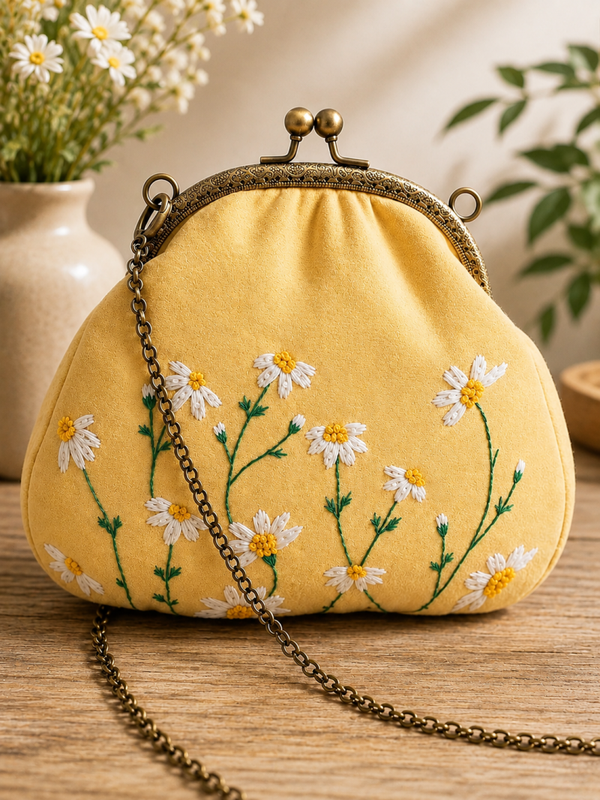 Elegante Handtas met Geborduurde Bloemen & Schouderketting