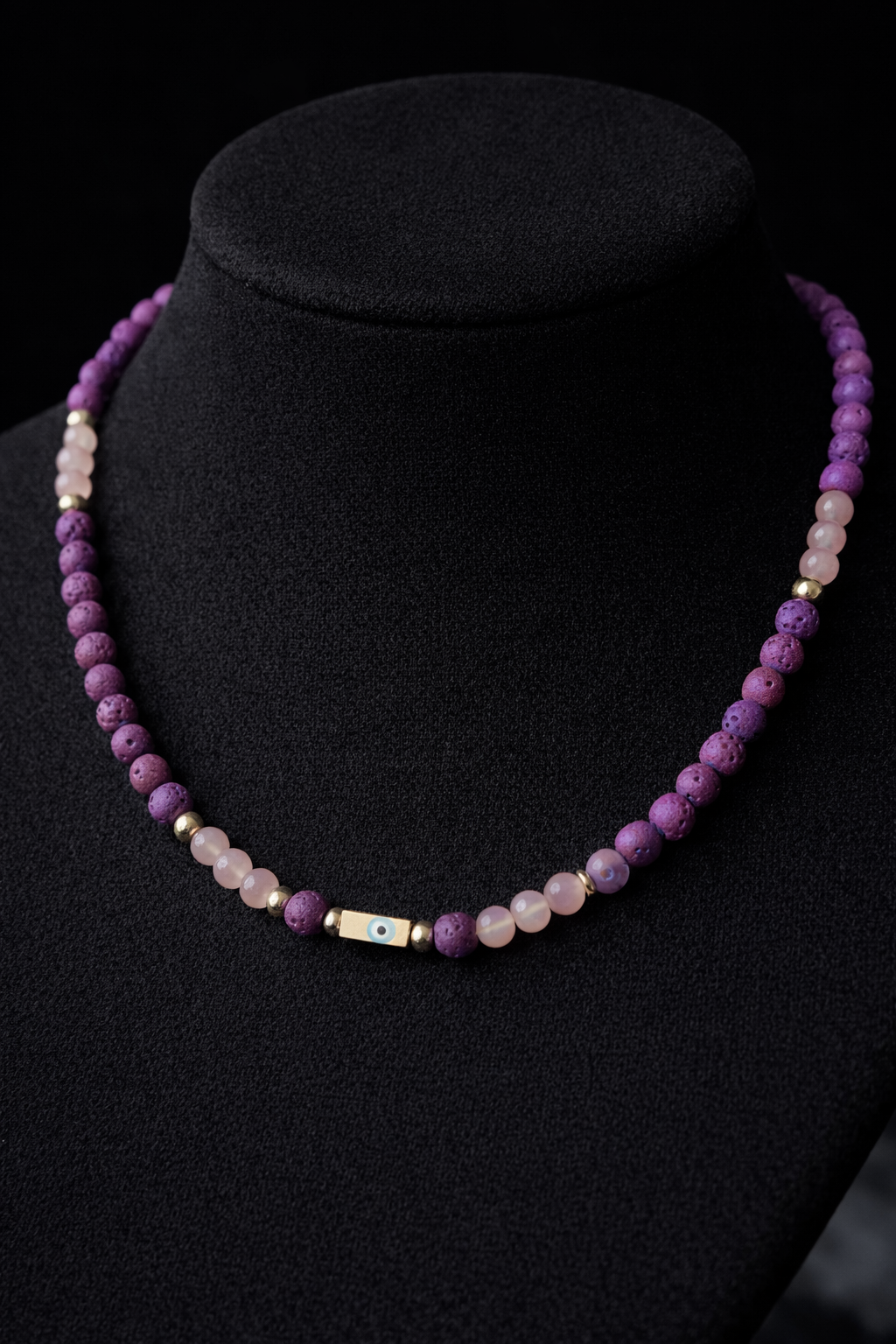 Luxe ketting met lavasteen & rozenkwarts – met beschermend oog