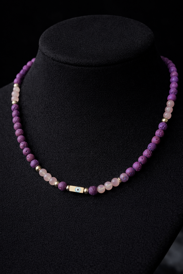 Luxe ketting met lavasteen & rozenkwarts – met beschermend oog