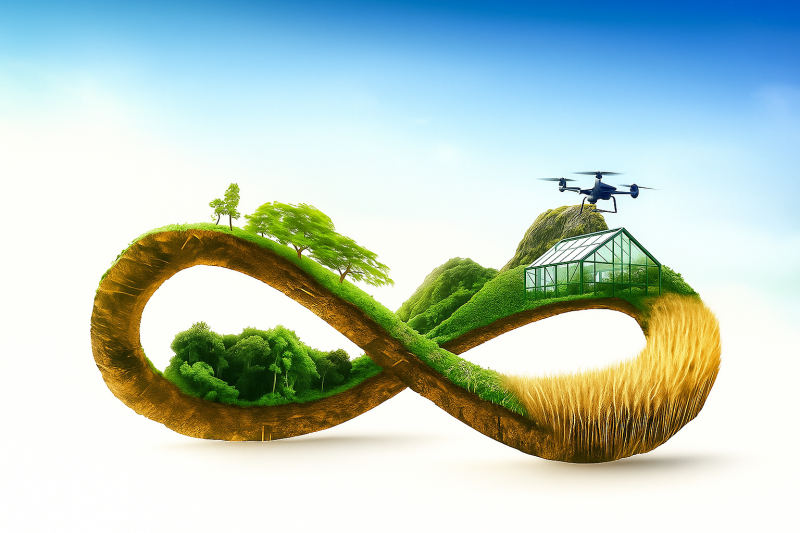 IMPACT T&U - People, Planet, Payback - 3D-illustratie Lemniscaat + Graanveld en drone