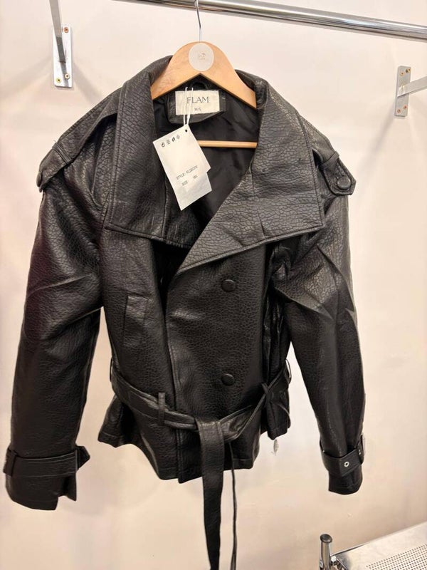 BLACK PEBBLED FAUX-LEATHER JACKET