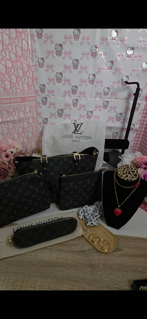 3-Piece Inspired LV Gray on Black Monogram Bag set and Accessories Bundle