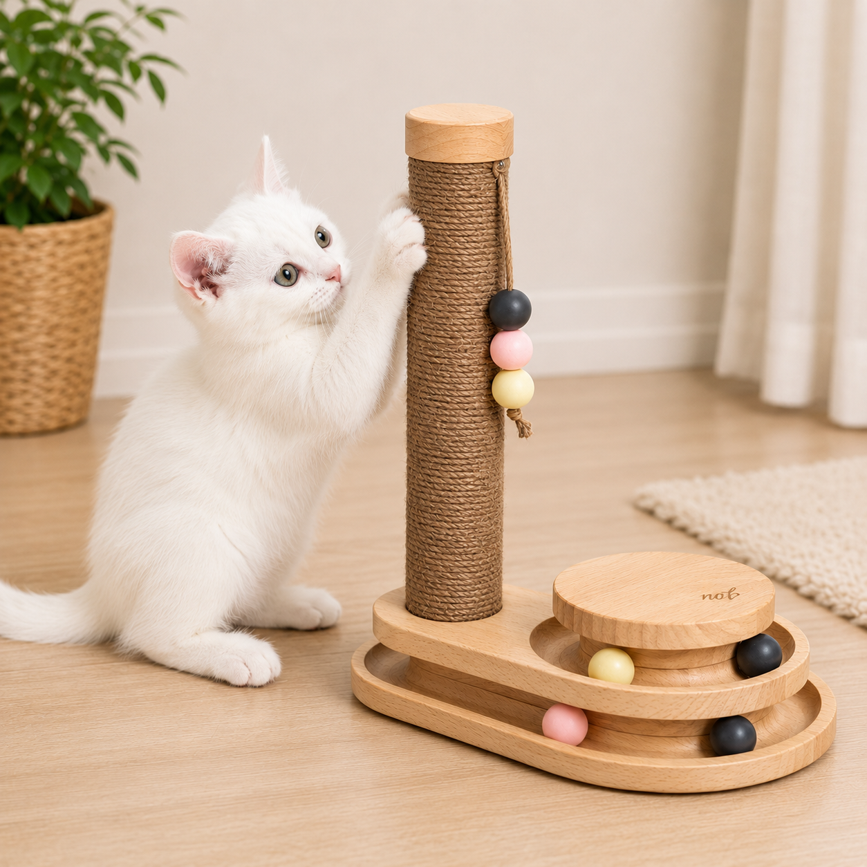 Kat speelt met houten krabpaal en interactief kattenspeelgoed van natuurlijk hout