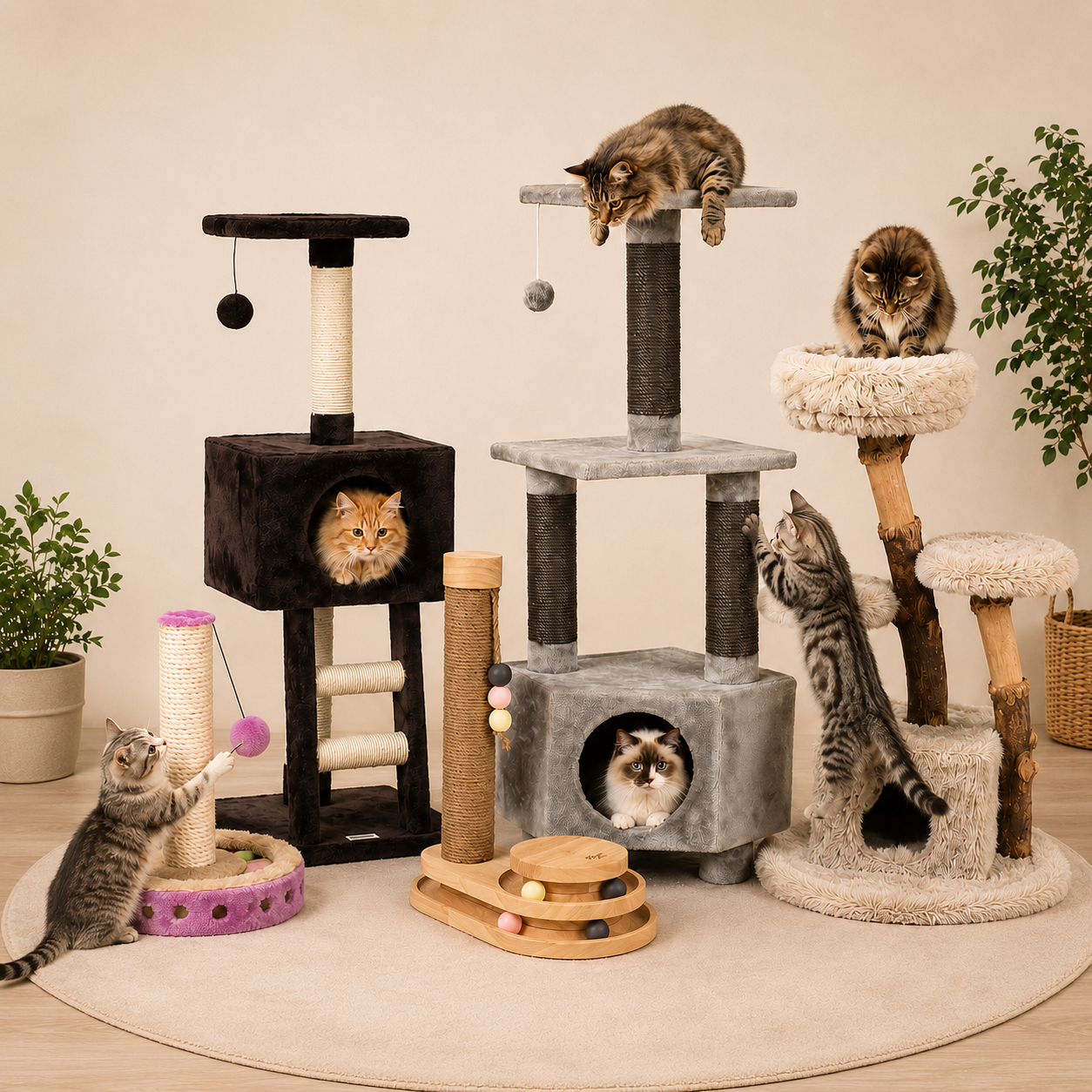 Katten spelen en ontspannen op verschillende klimpalen en krabmeubels in een warme woonkamer.