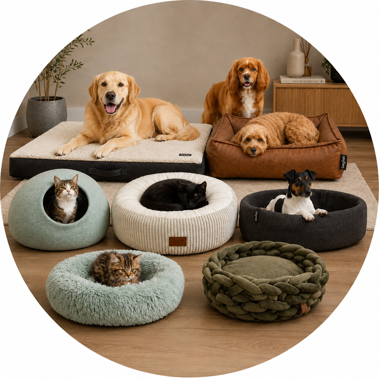 Assortiment hondenmanden en kattenmanden met honden en katten in verschillende zachte manden, kattenhuizen en orthopedische ligplekken.