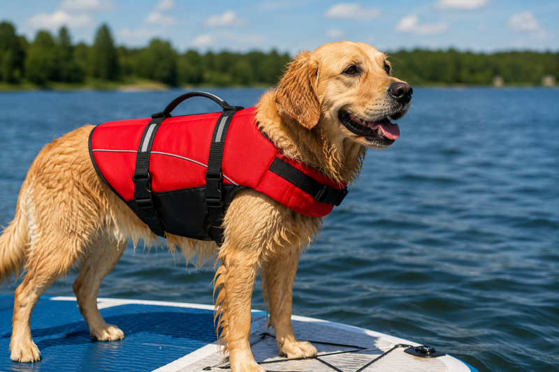Golden Retriever draagt een rood zwemvest tijdens het varen op het water. Veiligheid voor de hond.