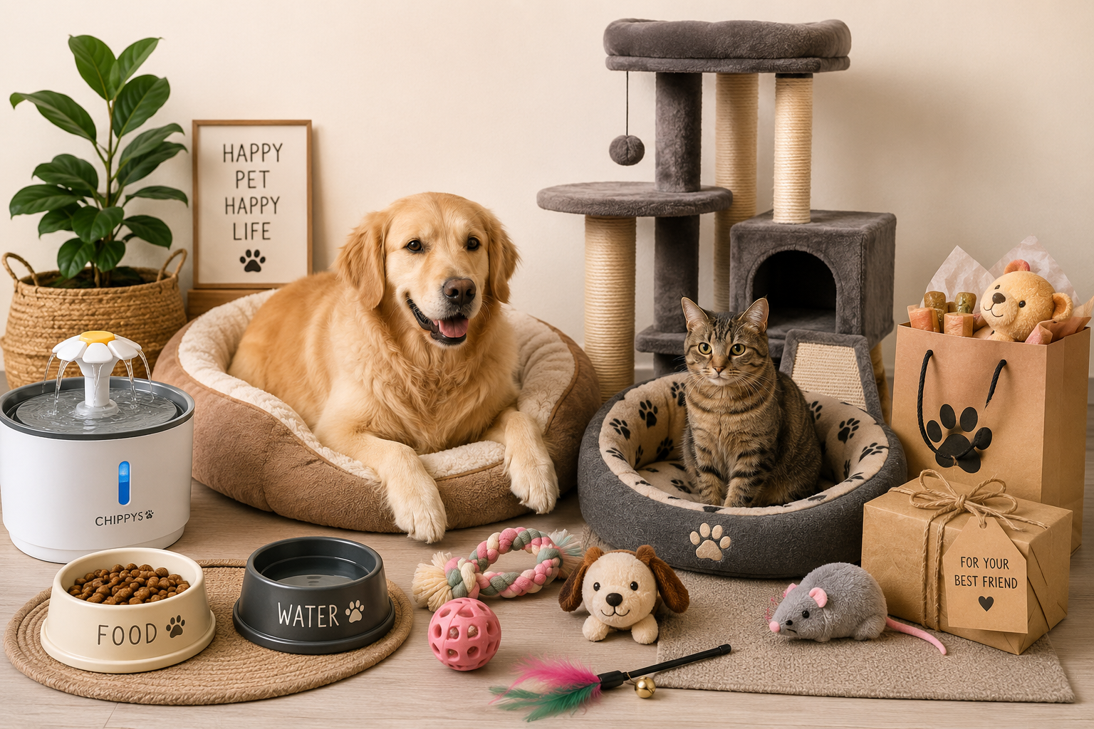 Assortiment honden- en kattenaccessoires met manden, drink- en etensbakken, speelgoed, en krabpaal