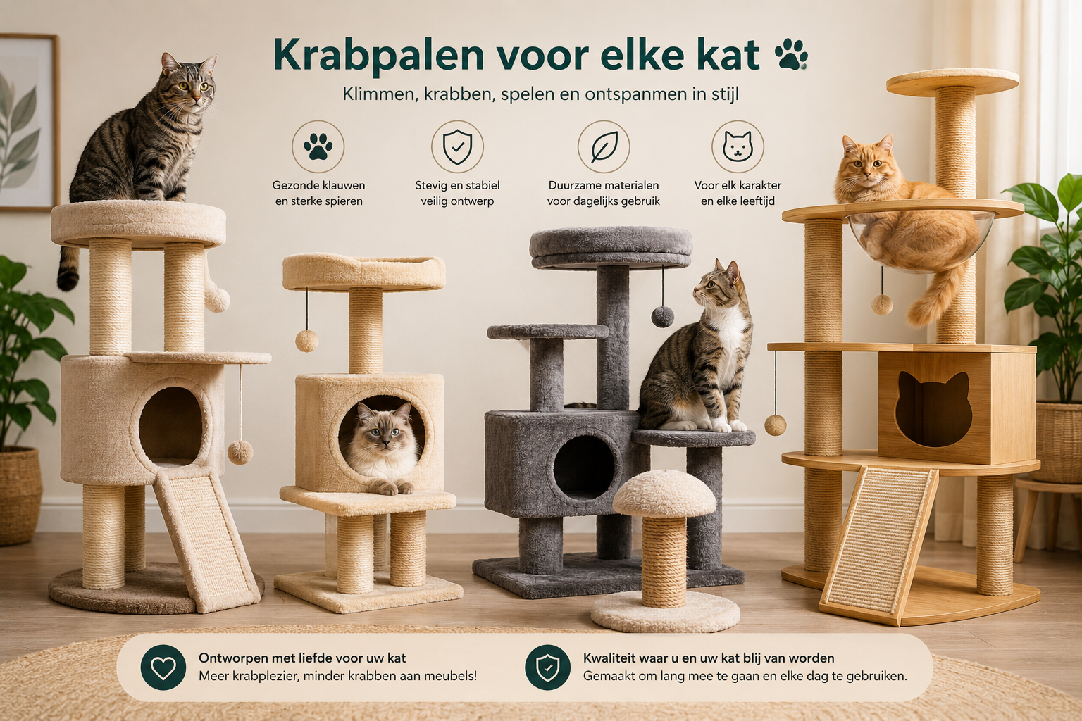 Krabpalen voor katten in verschillende maten en stijlen 