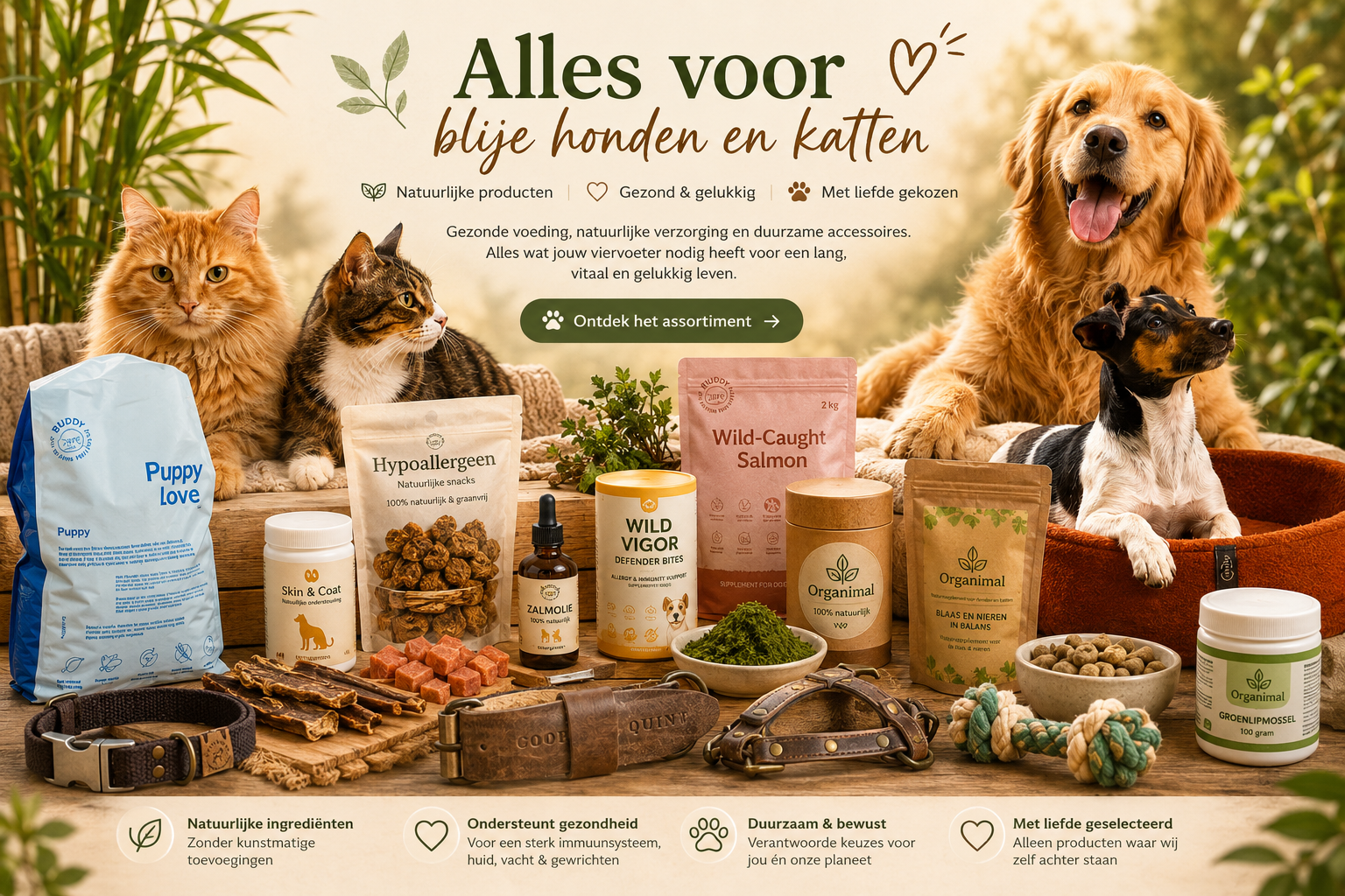 Banner met honden en katten, natuurlijke voeding, supplementen, schapenwollen manden en duurzame accessoires voor huisdieren.