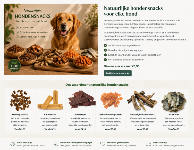 Assortiment natuurlijke hondensnacks met trainingssnacks, kauwsticks, vleesstrips en vissnacks voor honden.