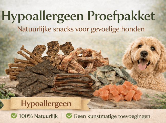 Hypoallergeen proefpakket met natuurlijke hondensnacks voor honden met een gevoelige maag of voedselallergie.